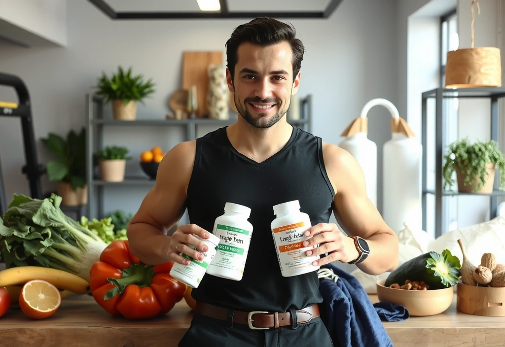 Active man taking supplements with healthy lifestyle elements